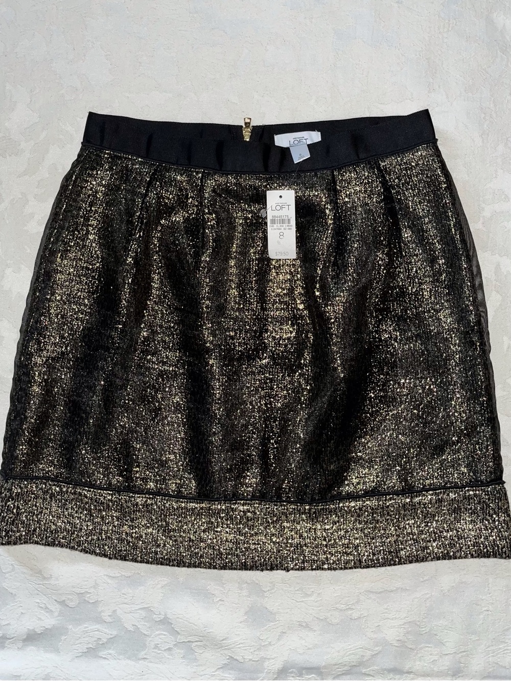 NWT Ann Taylor LOFT gold metallic tweed w sheer black overlay Mini Skirt- size 8